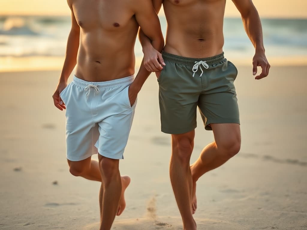 Two men in plain swim shorts at the edge of the surf on a lively overcast beach afternoon
